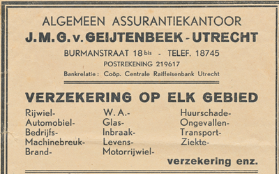 710028 Kop van een enveloppe voor een afgesloten brandverzekering bij Algemeen Assurantiekantoor J.M.G. v. Geijtenbeek, ...